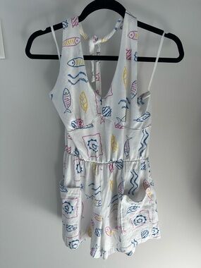 White Sleeveless Romper with Multicolor Fish Print